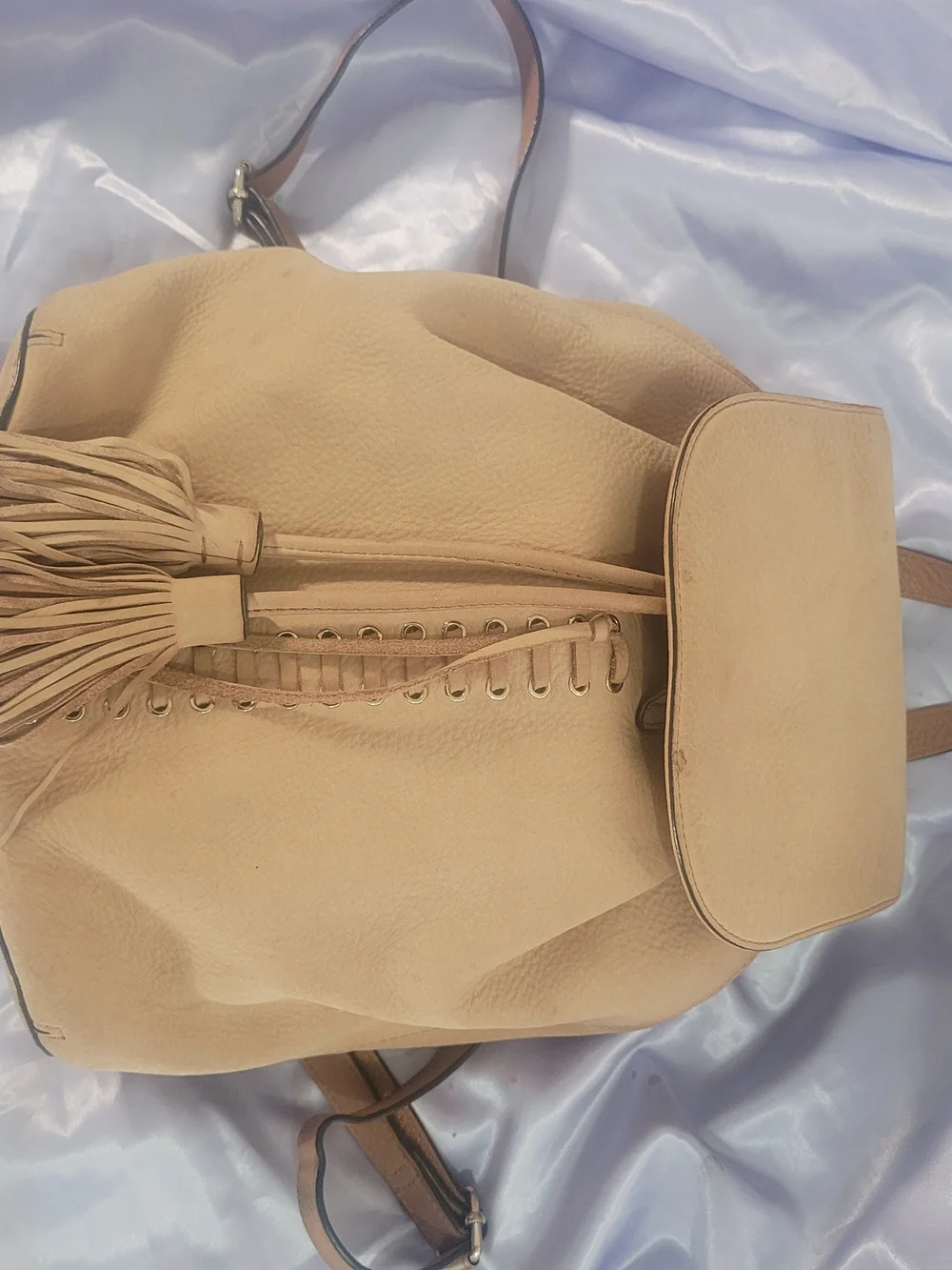 Rebecca Minkoff Tan Leather Drawstring Backpack with Tassel